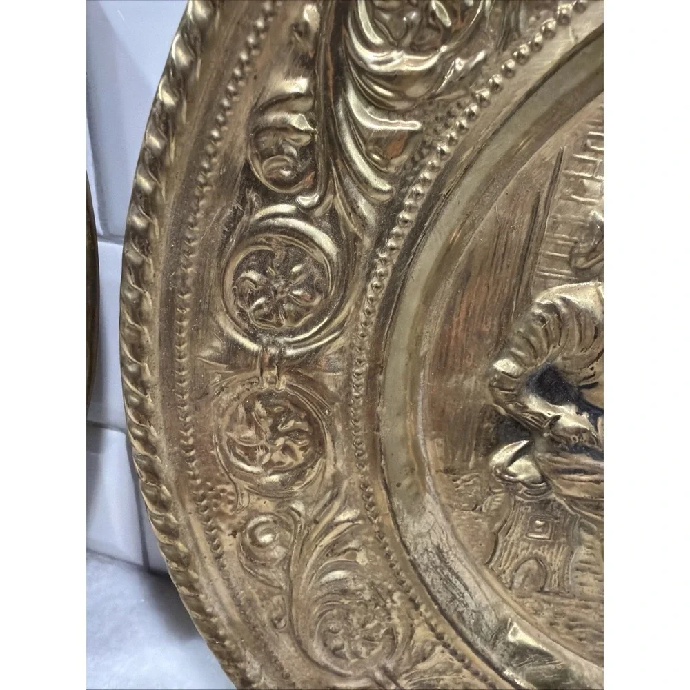 Set Of 2 Vintage Brass Metal Decor Wall Plate Made in England Pub Scenes